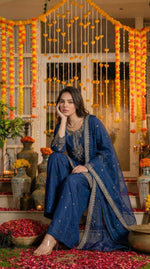 Gorgeous pure silk zari detailing palazzo suit set in blue