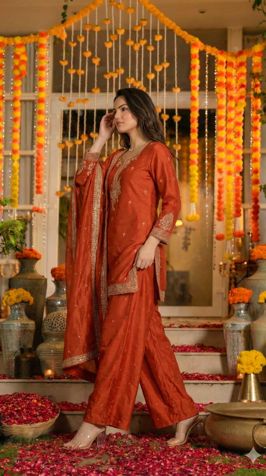 Gorgeous pure silk zari detailing palazzo suit set in orange