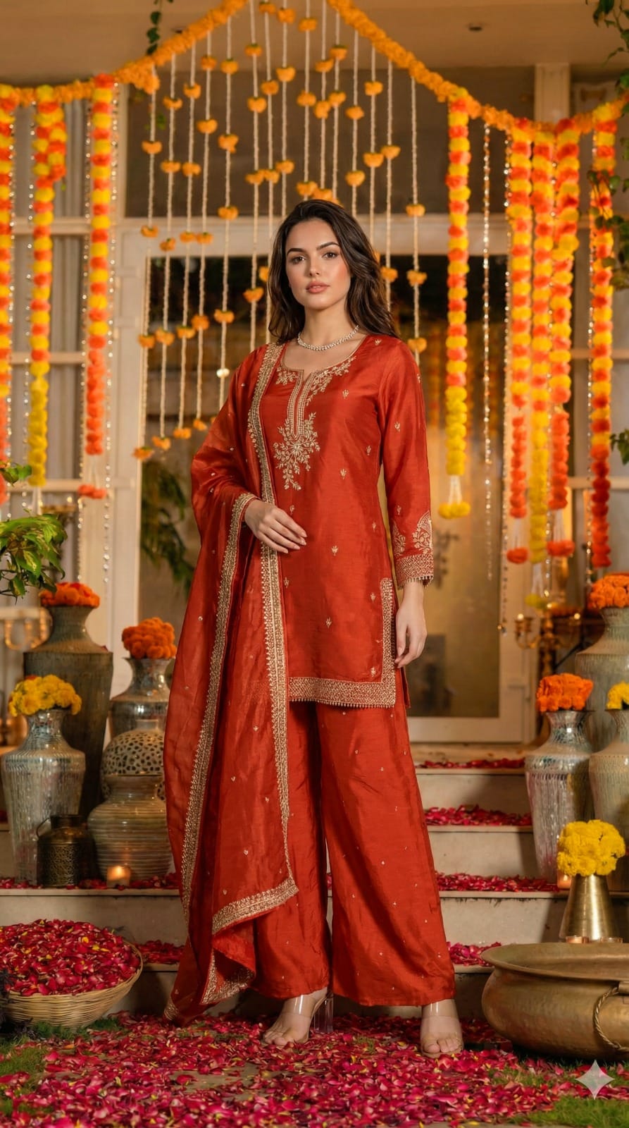 Gorgeous pure silk zari detailing palazzo suit set in orange