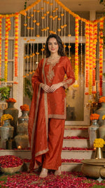 Gorgeous pure silk zari detailing palazzo suit set in orange