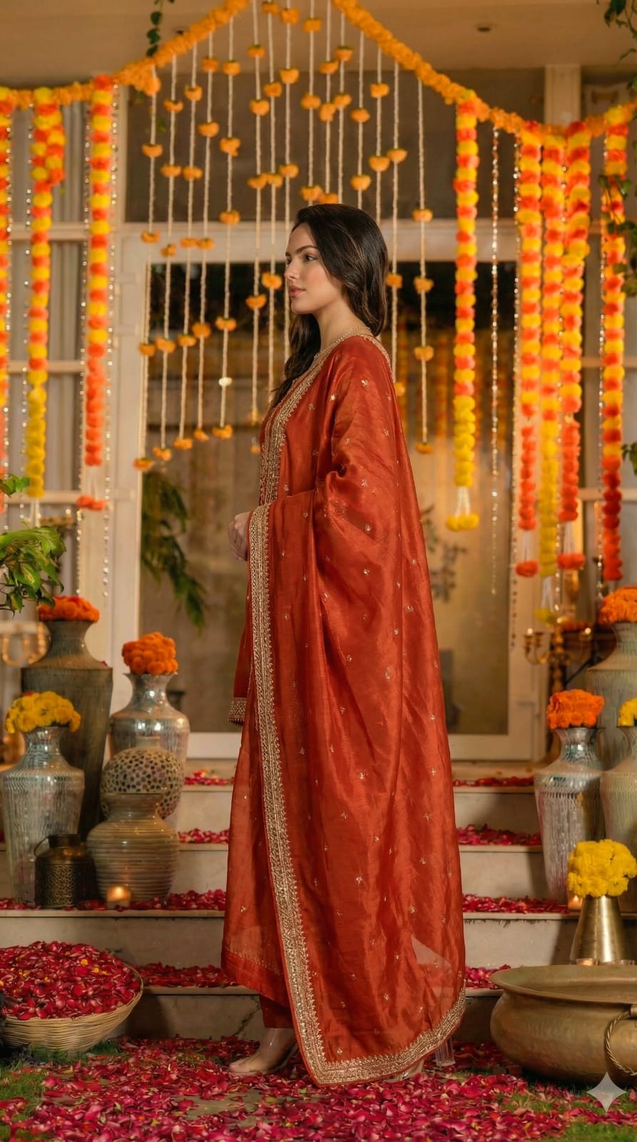 Gorgeous pure silk zari detailing palazzo suit set in orange