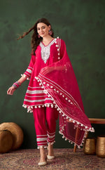 Vatican silk pink suit set with pom pom lace detailing