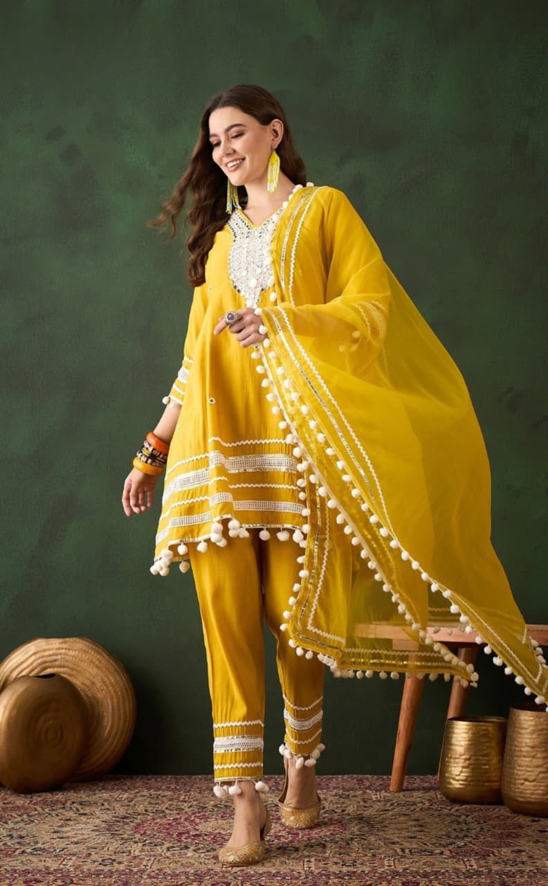 Vatican silk yellow suit set with pom pom lace detailing