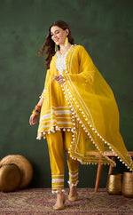 Vatican silk yellow suit set with pom pom lace detailing