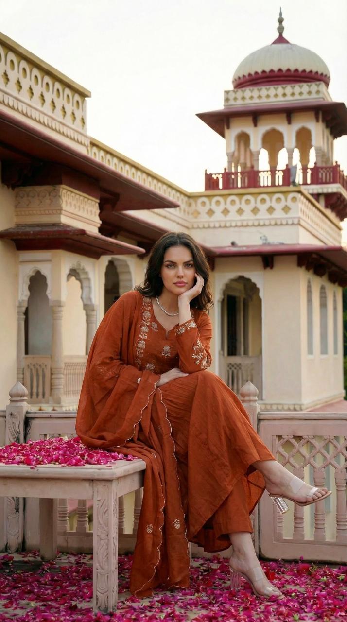 Pure mul cotton Zari detailing suit set in rust