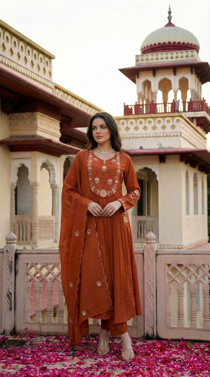 Pure mul cotton Zari detailing suit set in rust