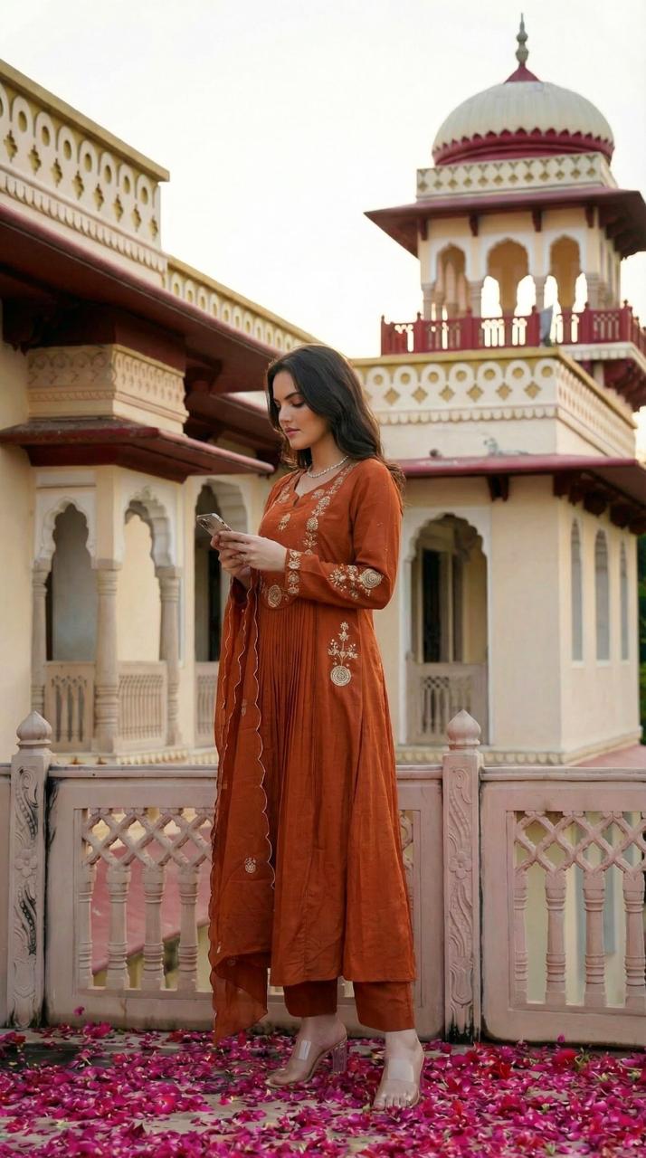 Pure mul cotton Zari detailing suit set in rust
