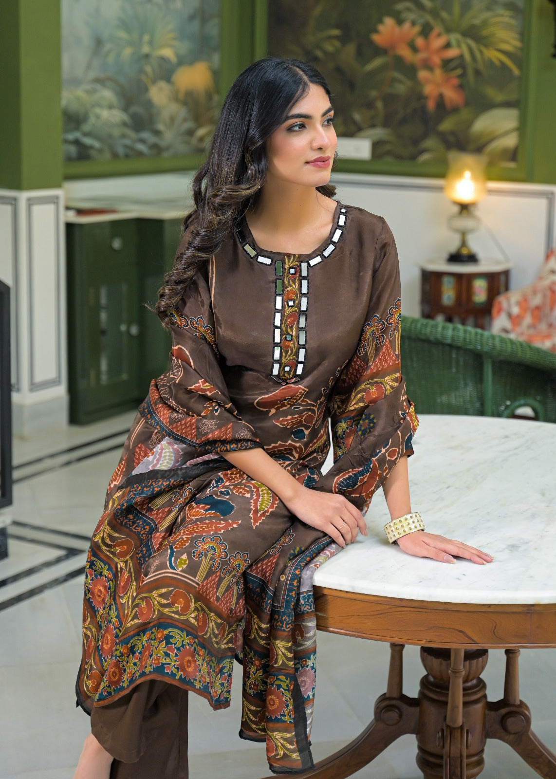 Pure crepe digital printed real mirror lining full suit set in brown