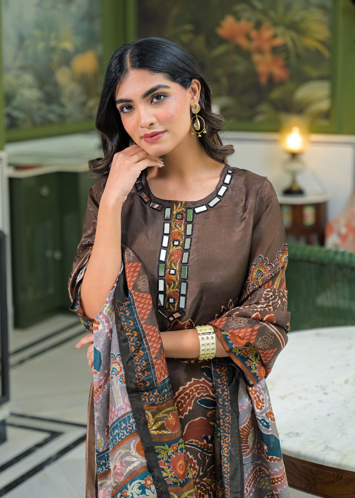 Pure crepe digital printed real mirror lining full suit set in brown
