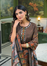 Pure crepe digital printed real mirror lining full suit set in brown