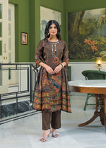 Pure crepe digital printed real mirror lining full suit set in brown