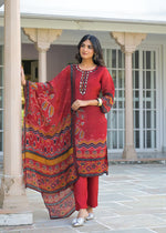 Pure crepe digital printed real mirror lining full suit set in red