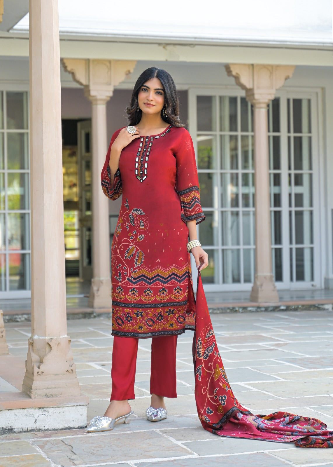 Pure crepe digital printed real mirror lining full suit set in red