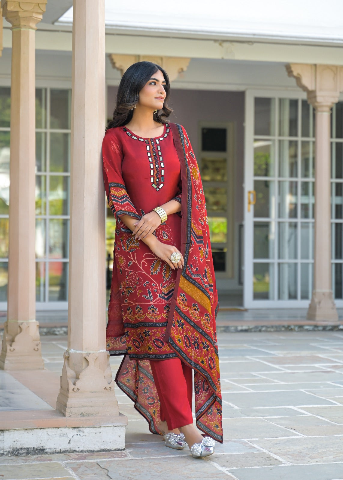 Pure crepe digital printed real mirror lining full suit set in red