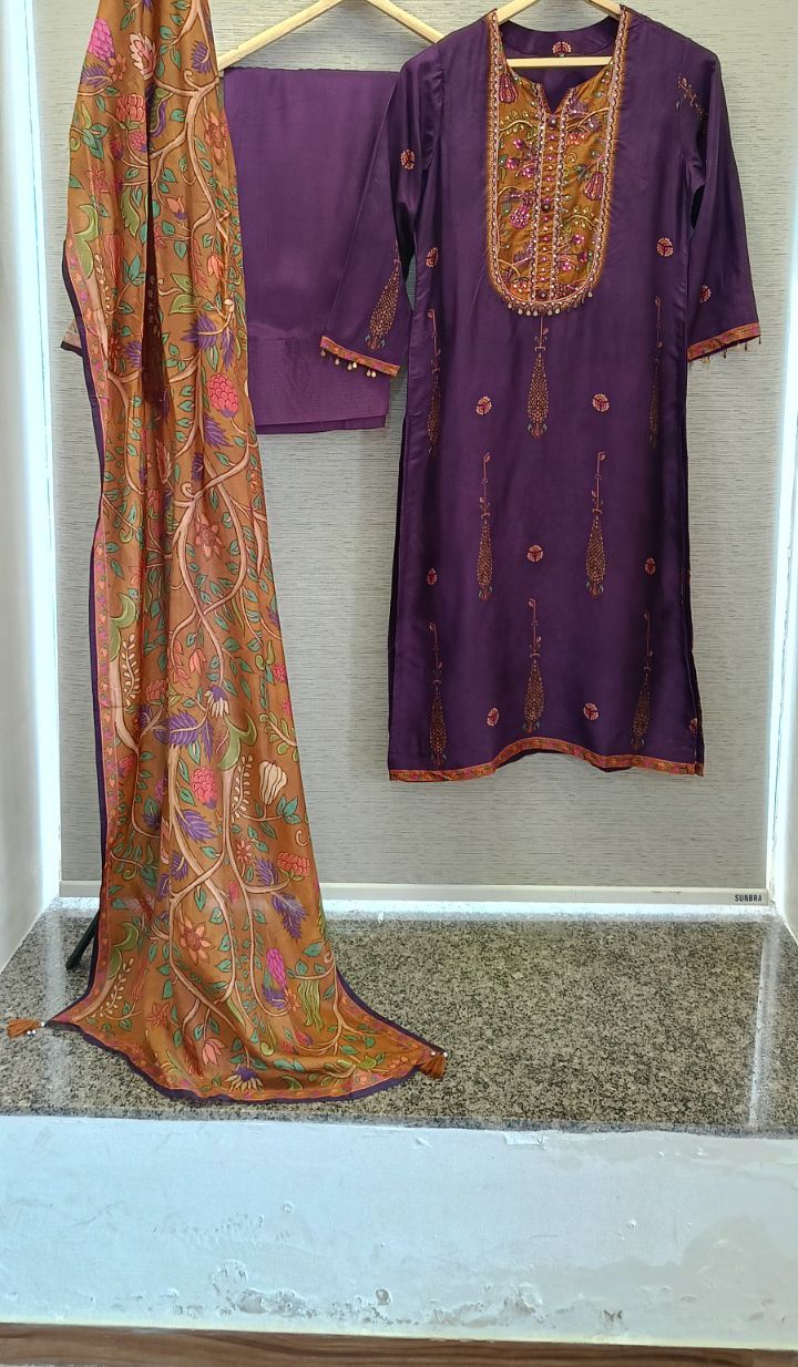 Premium Russian silk gorgeous suit set paired with farshi salwar