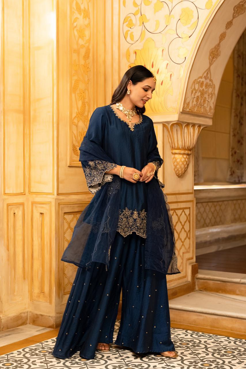 Gorgeous suit back in new colour! Santoori silk dress plazzo set with intricate embroidery