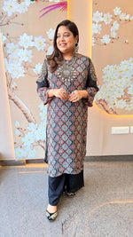 Premium ajrakh pure crepe designer front n back kurta pant