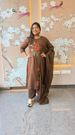 Fully embroidered premium cotton suit set in brown