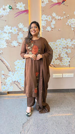Fully embroidered premium cotton suit set in brown