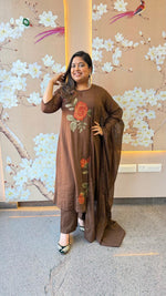 Fully embroidered premium cotton suit set in brown