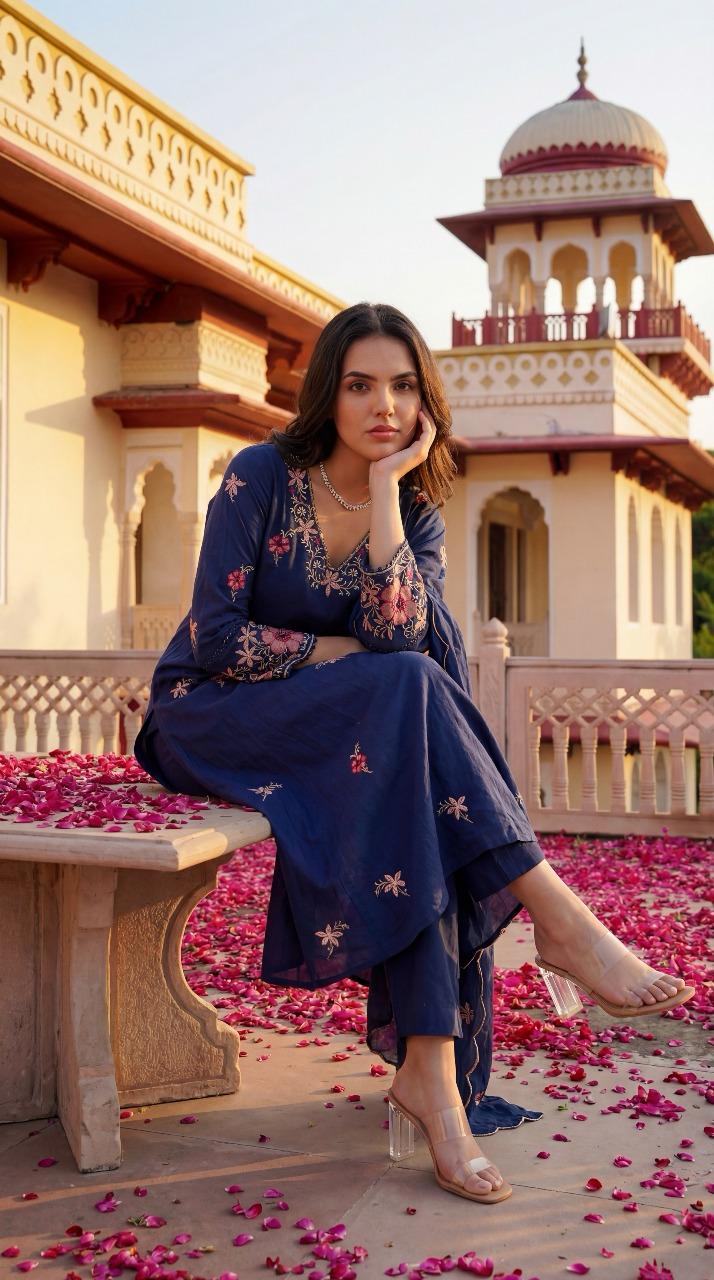 Blue embroidered pure Mul cotton lining suit set