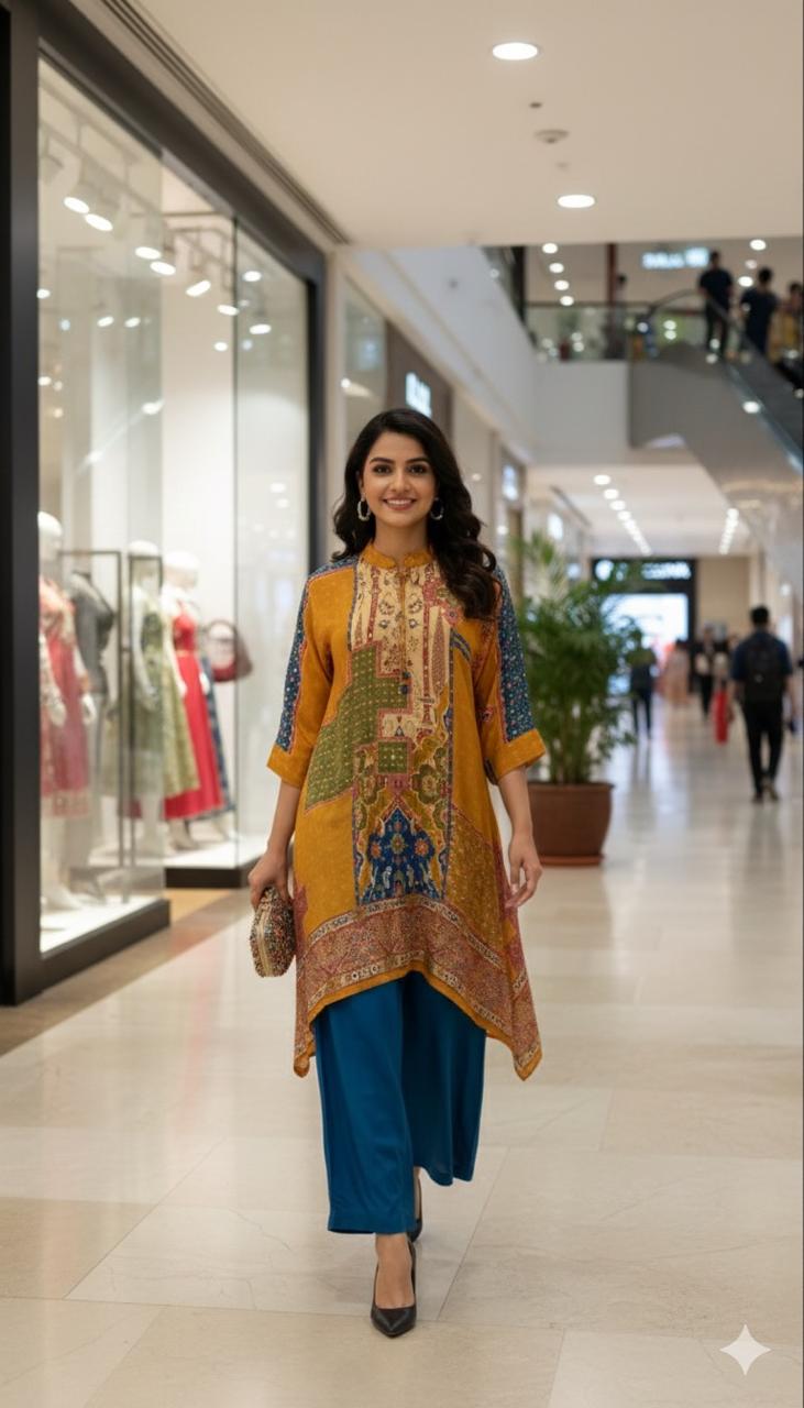 Premium crepe yellow n blue co ord set