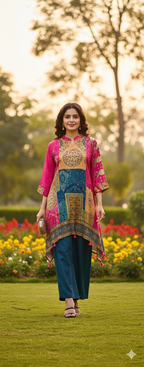 Premium crepe pink n blue co ord set
