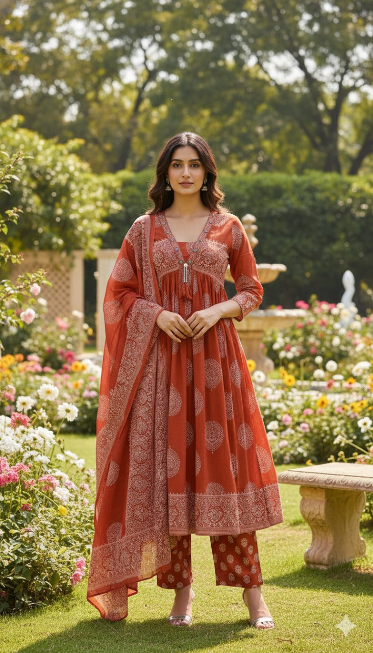 Rust super pretty cotton Anarkali suit set