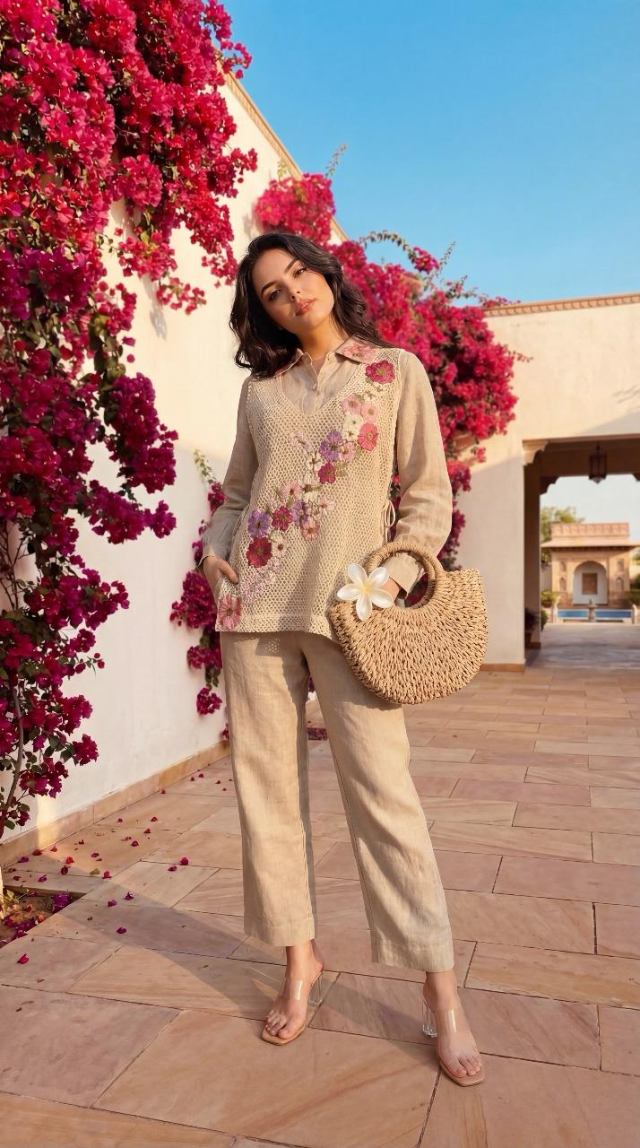Restocked !! Smart applique jute cotton co ord set