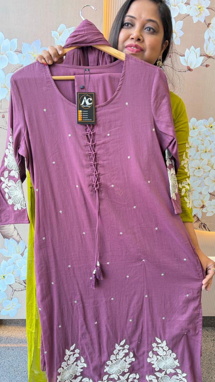 Premium mul cotton lining embroidered full suit set in pastel purple