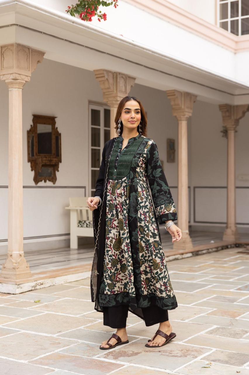 Premium cotton green kalamkari full suit set