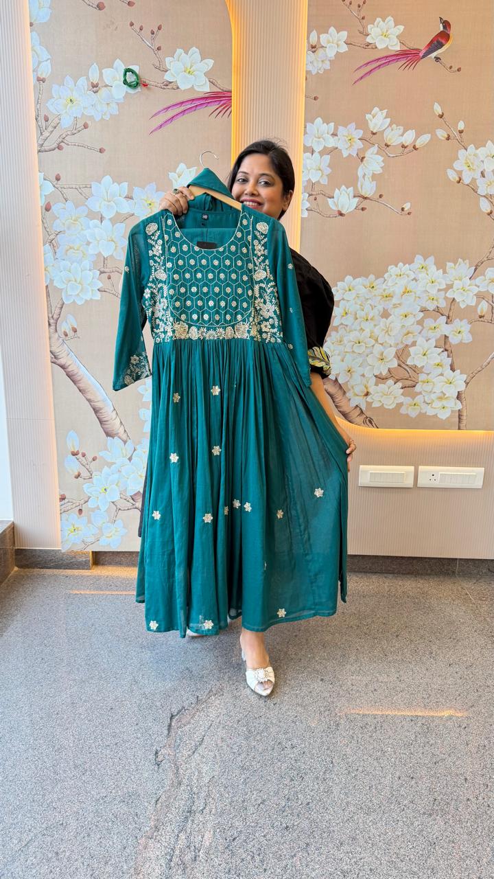 Wow zari detailing Anarkali cotton suit set in blue