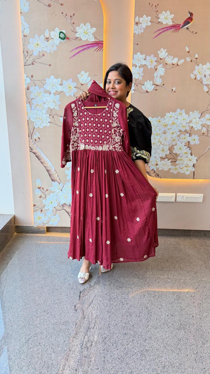 Wow zari detailing Anarkali cotton suit set in red