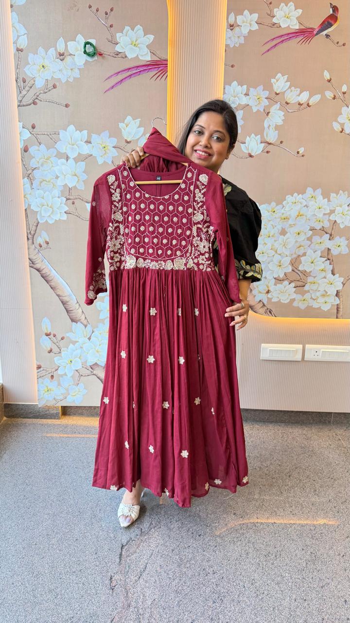 Wow zari detailing Anarkali cotton suit set in red