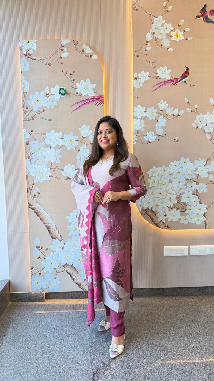 Premium modal digital printed full suit set in plum shade