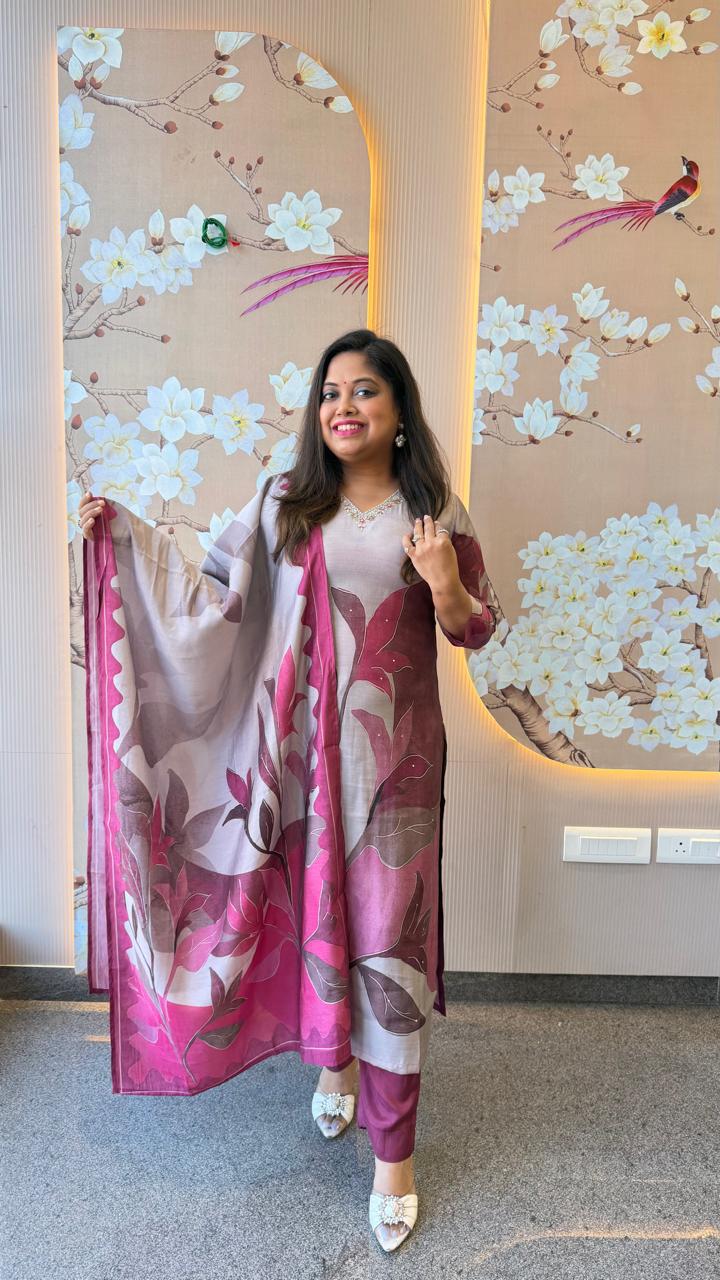 Premium modal digital printed full suit set in plum shade