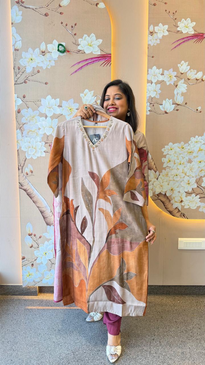 Premium modal digital printed full suit set in brown shade