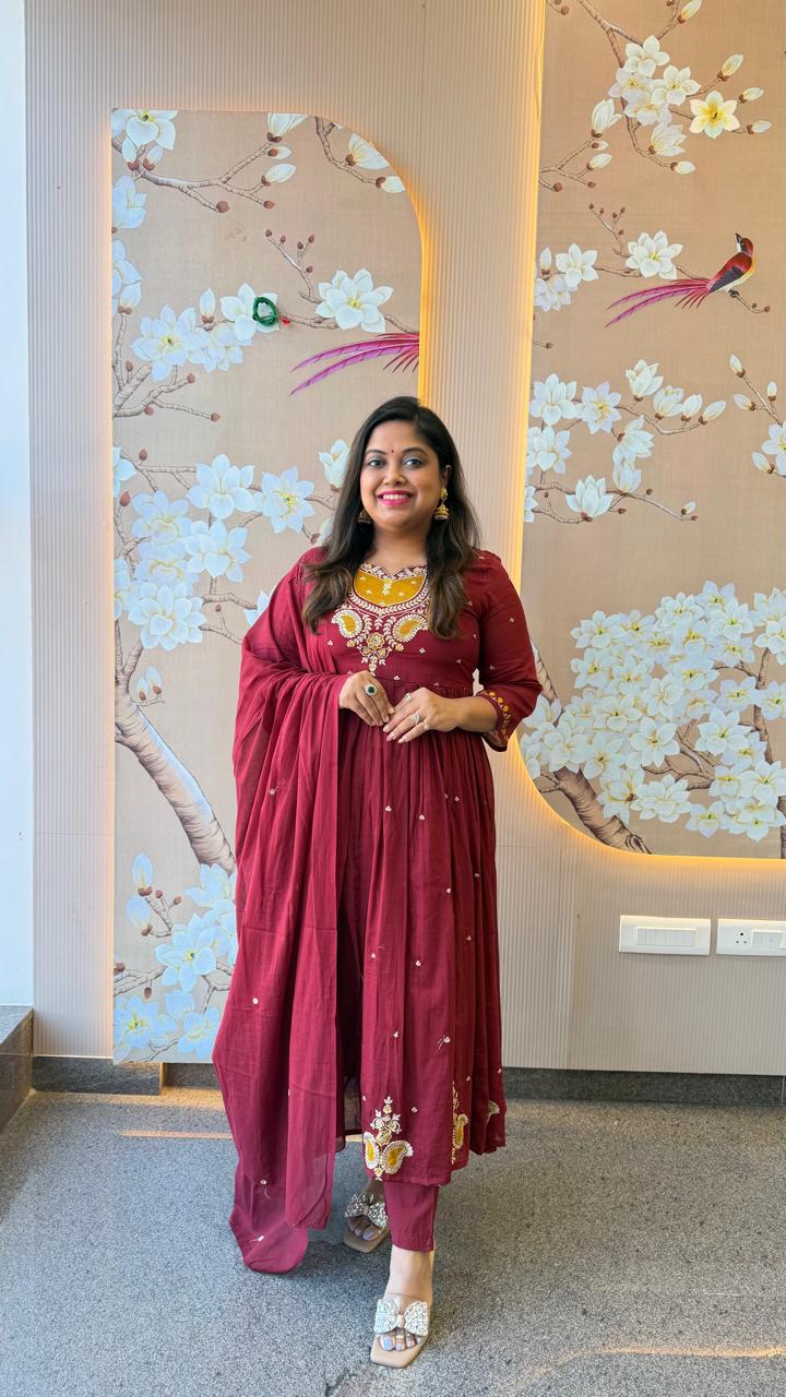 Premium Mul cotton with Zari detailing in maroon