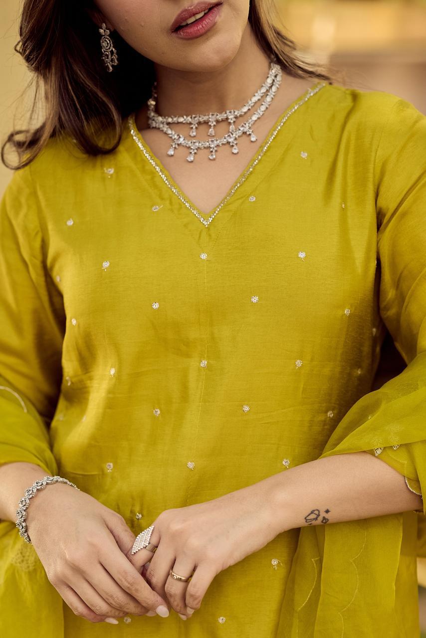 Premium Santoori silk skirt plazzo set in yellow