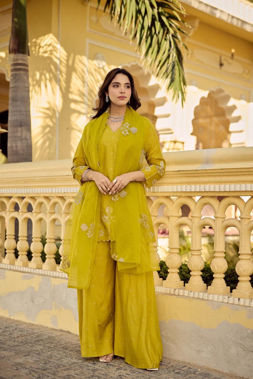 Premium Santoori silk skirt plazzo set in yellow