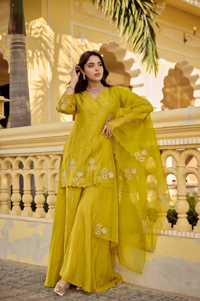 Premium Santoori silk skirt plazzo set in yellow