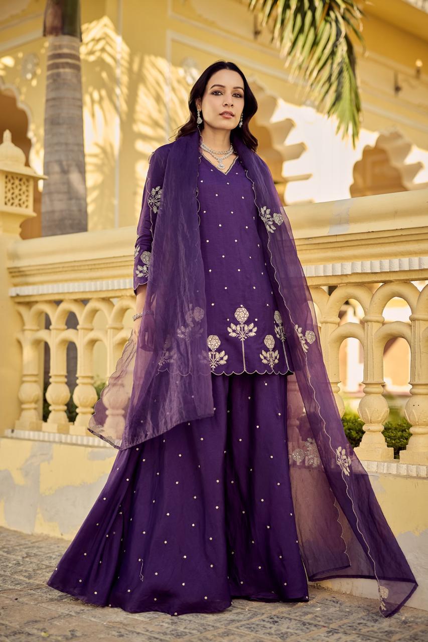 Premium Santoori silk skirt plazzo set in purple