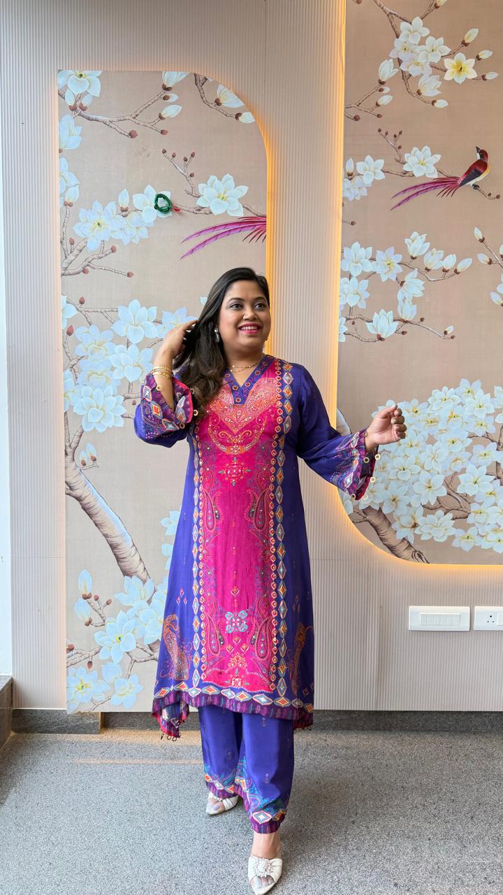 Premium smart pure crepe co ord set in purple n pink