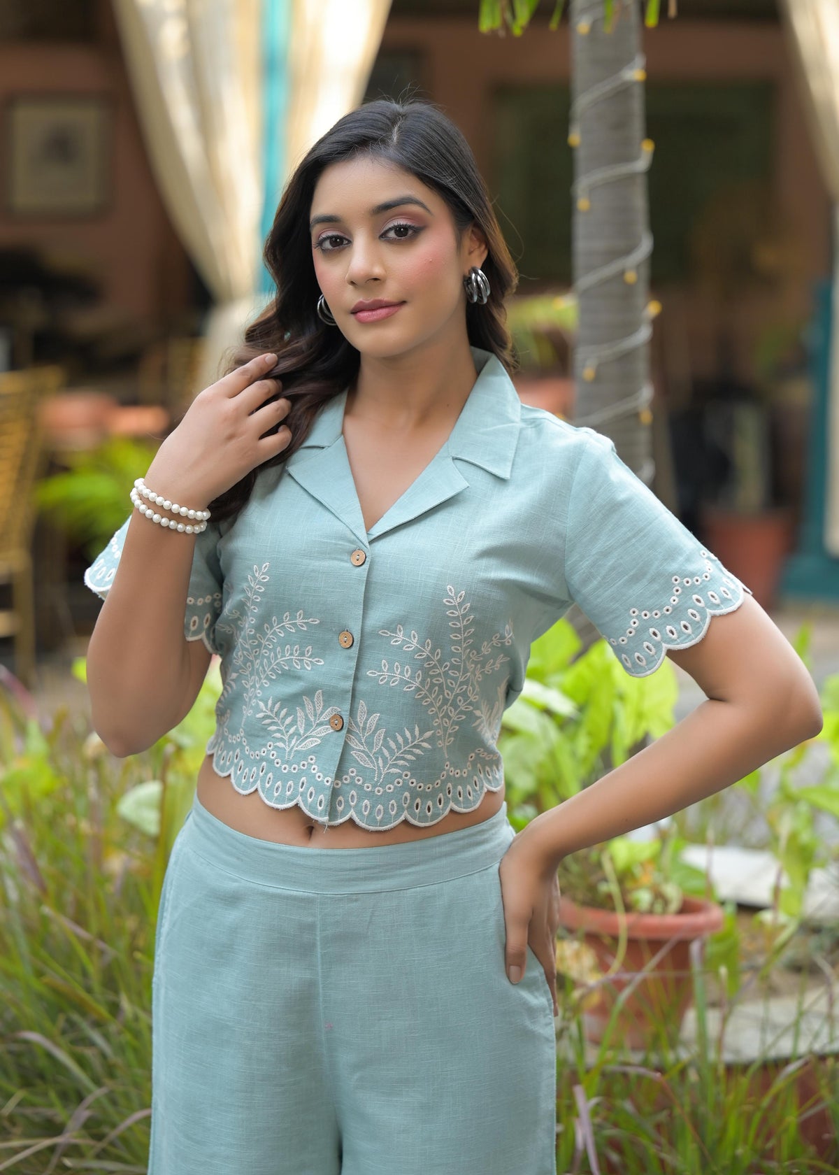 Smart applique work co ord set in blue