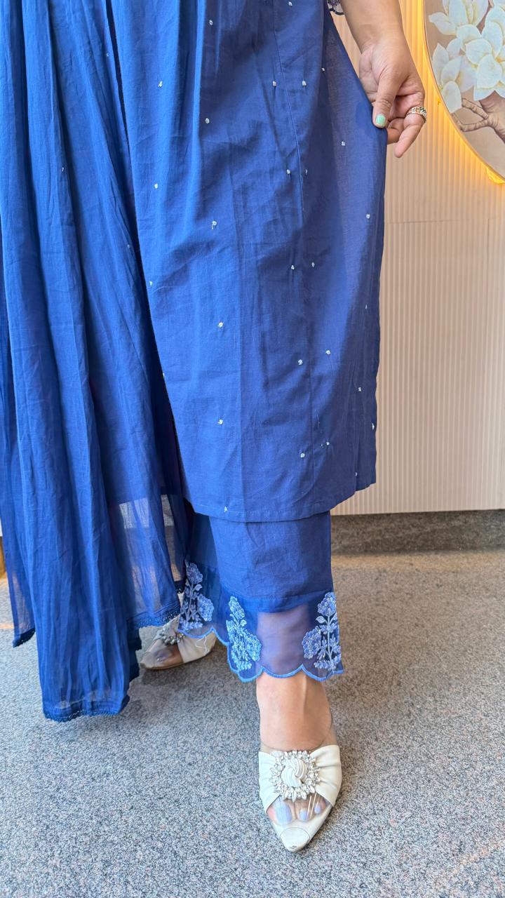 Wow cotton suit set with orgenza detailing on sleeves and pant in blue
