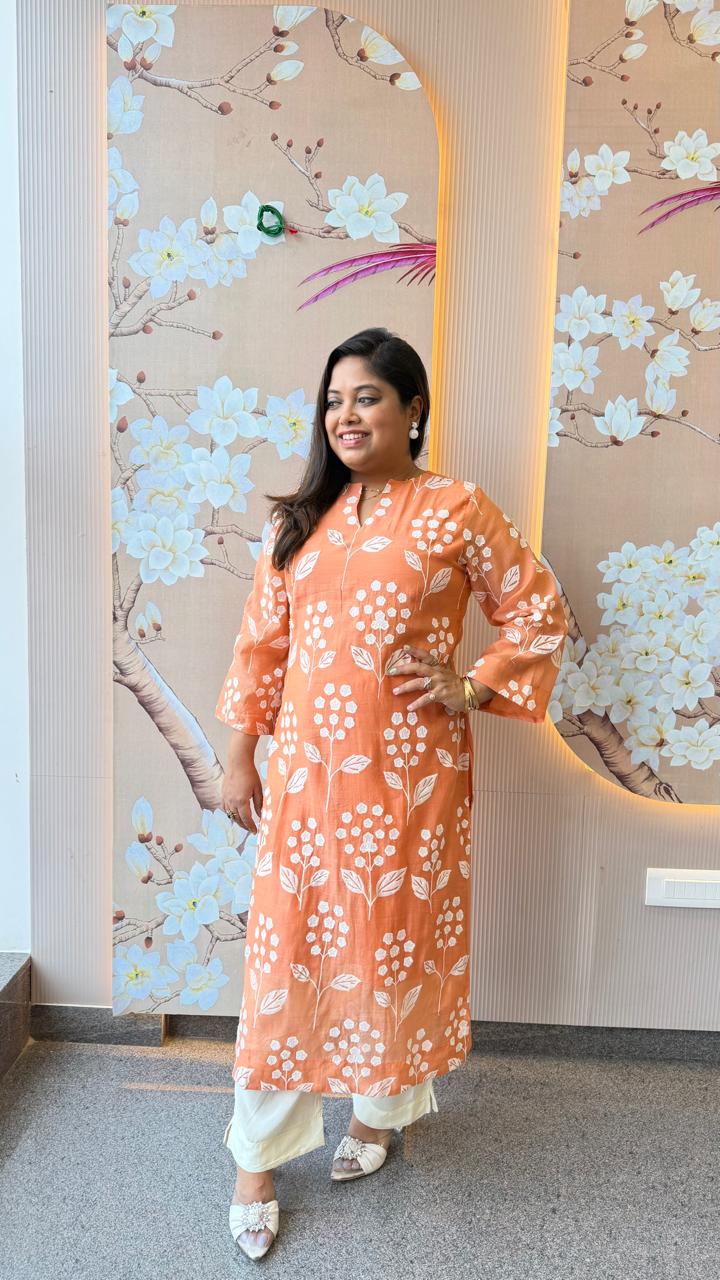 Celebrity design embroidered Mul chanderi kurta pant
