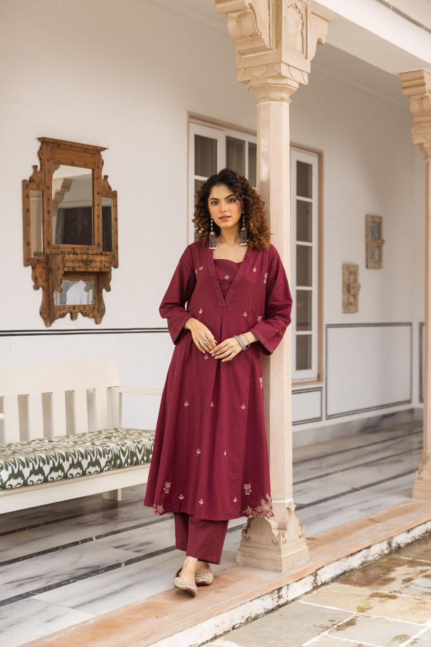 Pure cotton embroidered kurta pant in maroon
