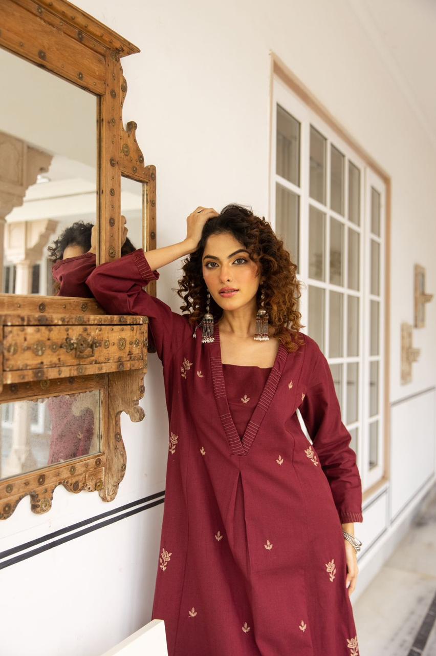 Pure cotton embroidered kurta pant in maroon