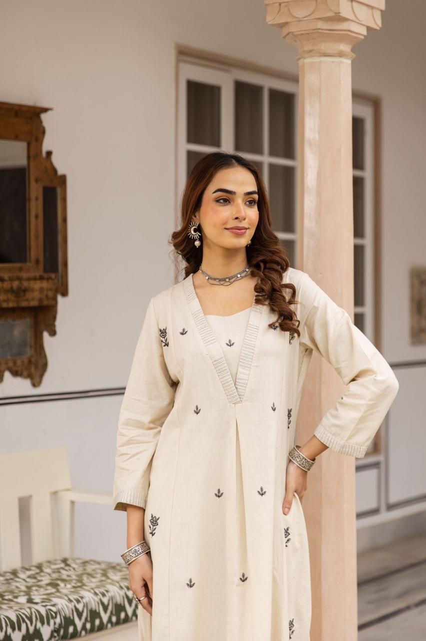 Pure cotton embroidered kurta pant in white