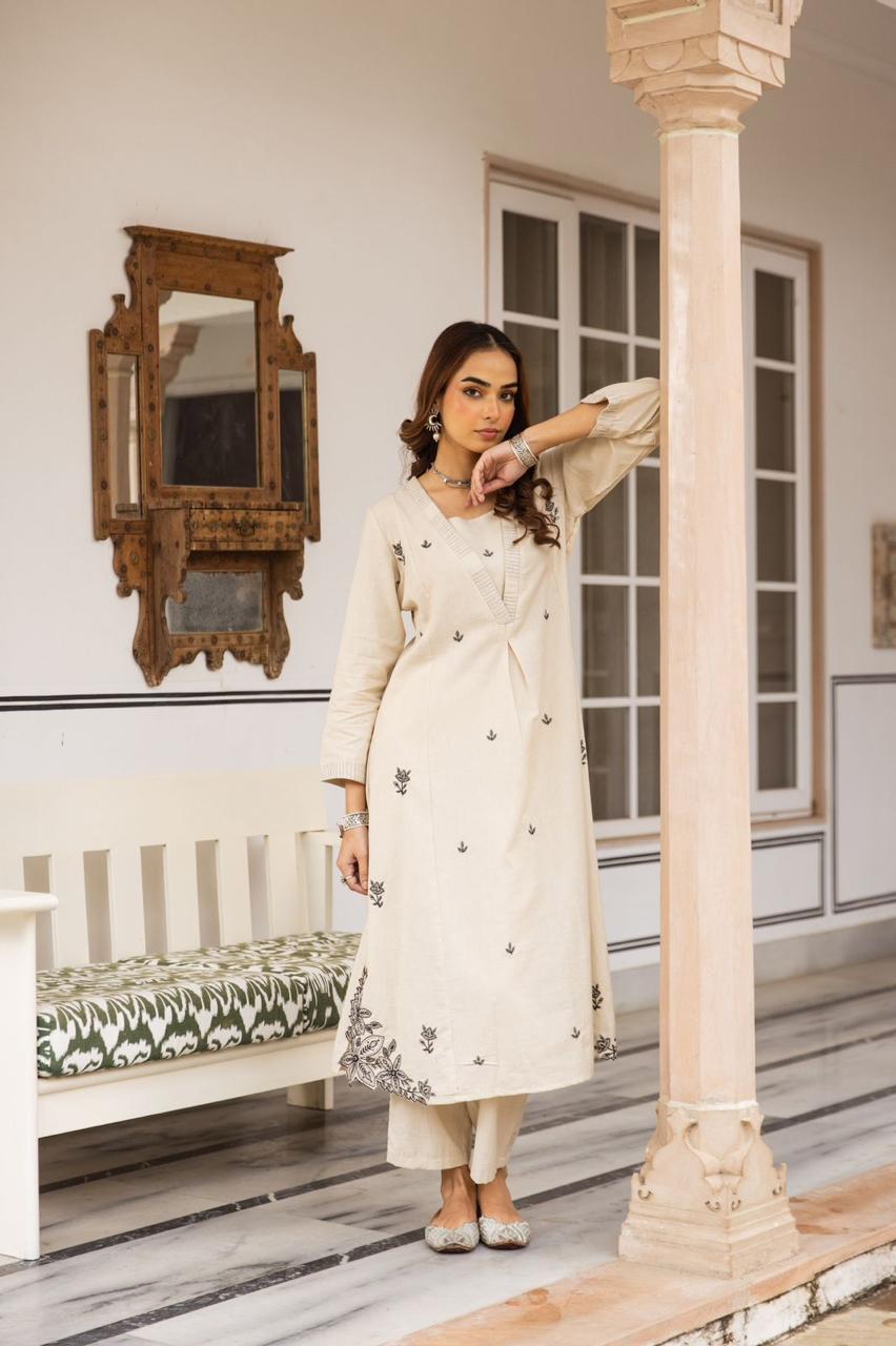 Pure cotton embroidered kurta pant in white